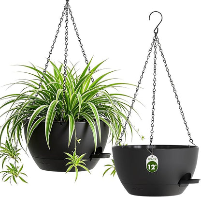 12 Inch Large Self Watering Hanging Planters 2 Pack with Saucers | Set of 2 12-inch self-watering hanging planters with extra soil capacity, side-fill ports, chain hangers & snap-on saucers
