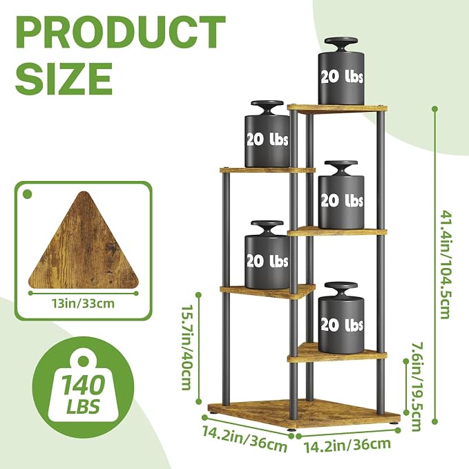 iDavosic.ly Tall Plant Stand Indoor for Large & Heavy Duty Planters, 5 Tier Corner Flower Shelf with Wooden Trays & Metal Frame, 41 Inch Orchid Rack for Living Room Balcony Porch, Black & Brown