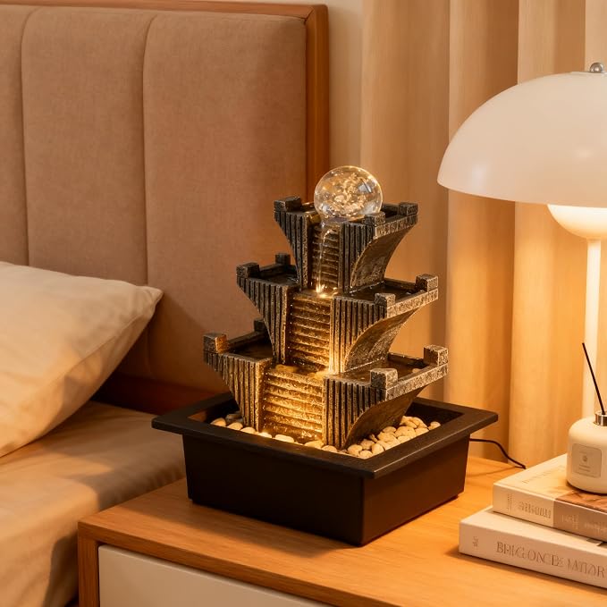 Tabletop Waterfalls Mountain with Pagoda Stepped & Spining Orb, Indoor Soothing Zen Fountain s for Home Office Relaxation