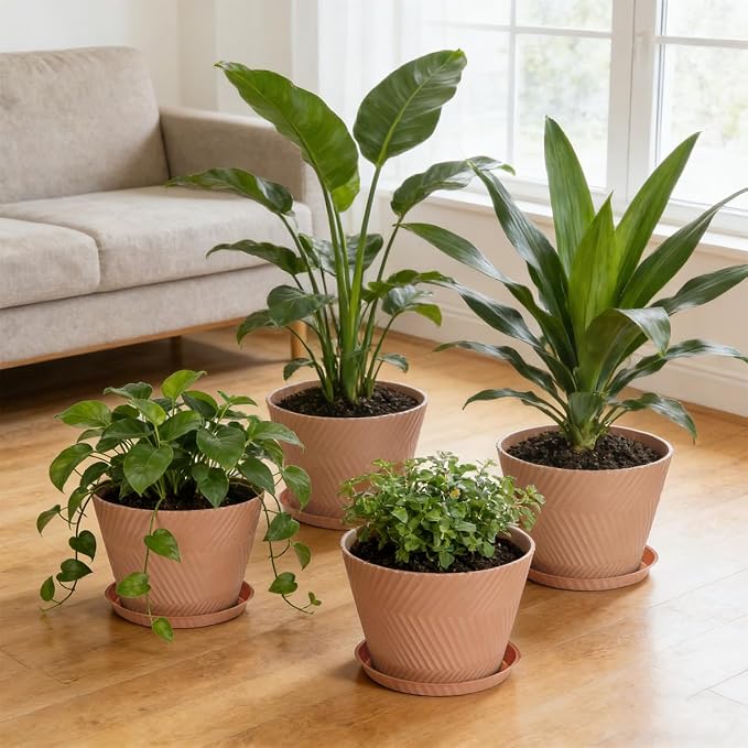Set of 2-18 Inch Large Planter Set Includes a Pot with Round Drainage Holes and a Tray, Suitable for Tall Plants and Flowers. Extra-Large Outdoor Terracotta-Colored Plastic Planter
