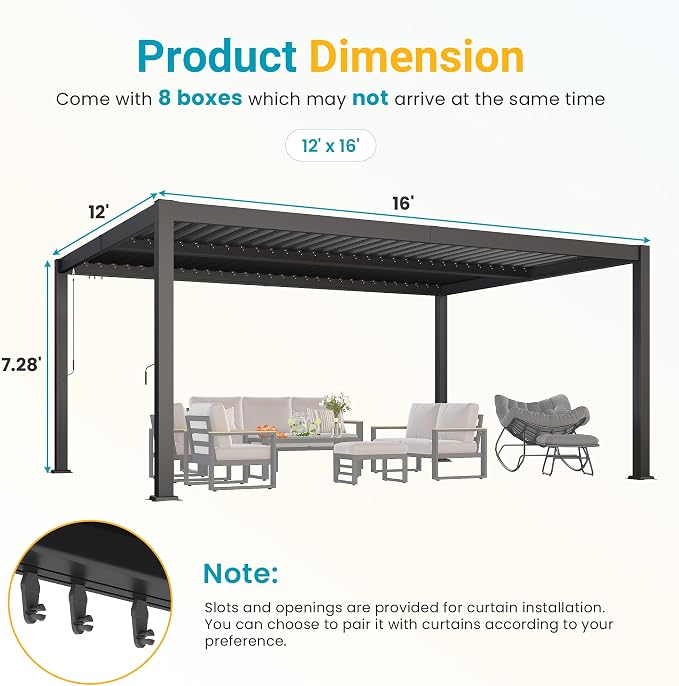 Louvered Pergola, 12' x 16' Outdoor Pergola, Aluminum Frame Patio Gazebo with Adjustable Louvers Roof and Integrated Gutter System, Outdoor Hardtop Gazebo for Patio, Backyard, Deck, Garden, Dark Gray