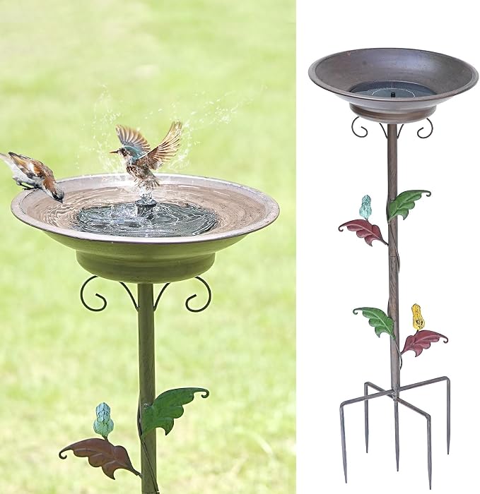31”H Solar Bird Bath for Outside,Metal Bird Bath with Solar Fountain | Solar Fountain Bird Bath with Metal Stake,Solar Powered Bird Bath for Outdoor Garden Yard Decor
