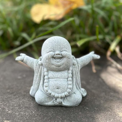 Mini Zen Laughing Buddha Statue, Tiny Sandstone Figurine for Garden Shelf | Mini monk figurine with contagious smiling face. Perfect for fish tank, desk ,or home decor. Brings joy and uplifts any space