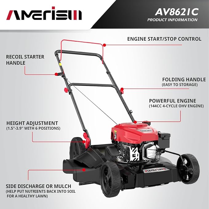 AMERISUN Gas Lawn Mower, 21" with 144cc 4-Cycle OHV Engine 2-in-1 Walk-Behind Gas Push Lawn Mower (AV8621C1)