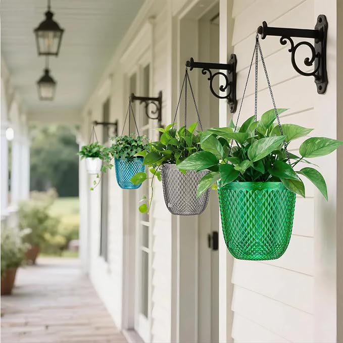 QCQHDU Hanging Planters for Indoor Plants, 2-Pack, 5.7 Inch, Emerald | Plastic, Self Watering Plant Hanger, with Drainage Holes, 3 Hooks Chains, For Garden Home