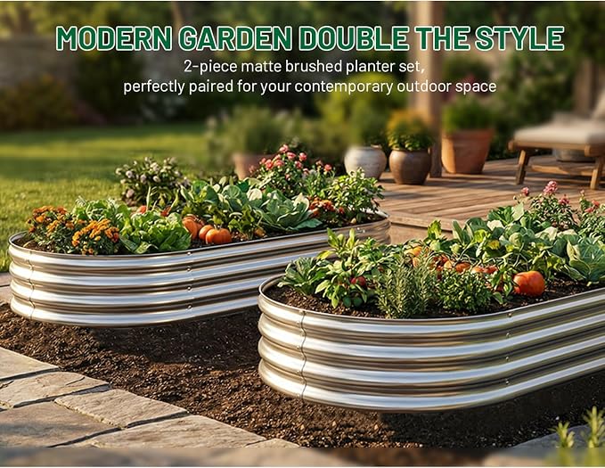 AHEONLAR 2 Pack 4x2x1ft Galvanized Raised Garden Bed Kit, Oval Large Metal Planter Box, Sturdy and Durable, Garden Boxes Outdoor Raised for Vegetables, Fruits, Flowers and Herbs(Silver)
