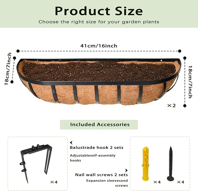 16'' Window Box Railing Planter with Coco Liner,2 Pack Horse Trough Planters Black Metal Hanging Flower Planters Basket for Porch Fence Patio Indoor Outdoor Lawn