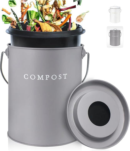 FINESSY Indoor Compost Bin Kitchen Odorless with Lid for Composting Food Waste, Stainless Steel Countertop Trash Can, 1.3 Gallon Container