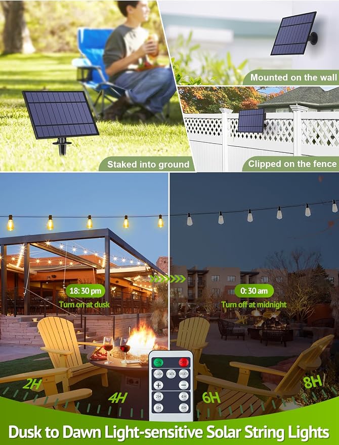 Larkvue 48FT Solar String Lights Outdoor with Remote, Waterproof Dimmable Patio Lights with 15+1 LED ST38 Bulbs 3 Modes Hanging Lighting for Backyard