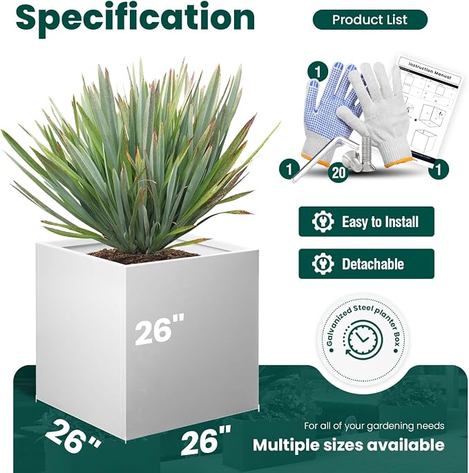 White Steel Planter Square Outdoor Planters Galvanized Steel Planter Box 26 Inch Indoor Metal Large Planters Cube Heavy Duty Planter Modern Commercial Residential for Trees Patio Yard Garden