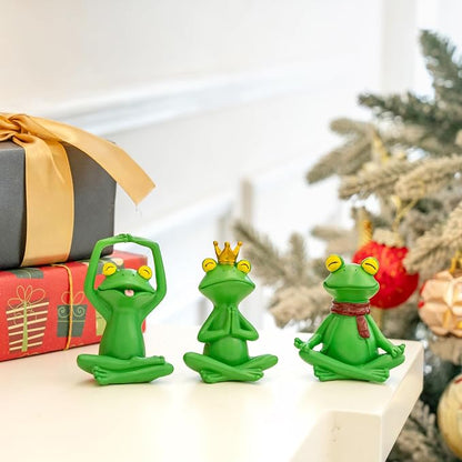 Set of 3 Meditating Green Frog Statues - Resin Zen Yoga Frogs Decor Sculptures - Small Cute Animal Figurines for Room, Shelf, Garden Patio - Relaxation Desk Decor & Gifts for Women