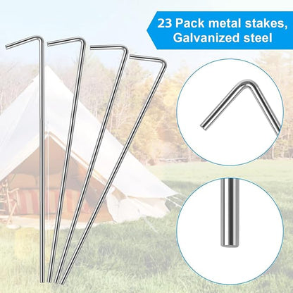 Oligei 23 Pack Tent Stakes, Heavy Duty Metal Tent Pegs, Hooked, Silver, Perfect for Camping, Gardening & Outdoor Decorations
