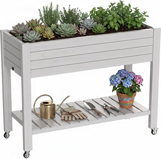 Elevated Resin Raised Garden Bed, 33.7in Height Raised Planter Box with Drainage Holes, Lockable Rotating Wheels & Bottom Storage Shelf, Stake Support, Easy Assembly for Patio Lawn Backyard Balcony