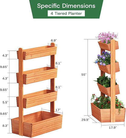 kiplant Adjustable Angle 4-Tiered Wooden Raised Garden Bed, Freestanding Vertical Planter Rack, Plant Box for Herbs, Veggies & Flowers, Indoor & Outdoor Gardening