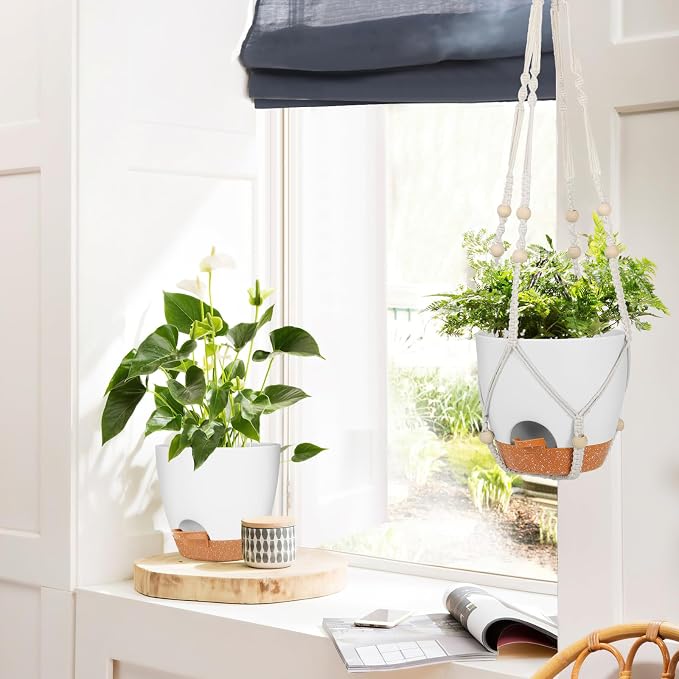GARDIFE 8 Inch Hanging Planters with Macrame Plant Hanger for Indoor and Outdoor Plants, 2 Pack Large Self Watering Hanging Plant Pot with Basket Flower Pot with Drainage Hole, White