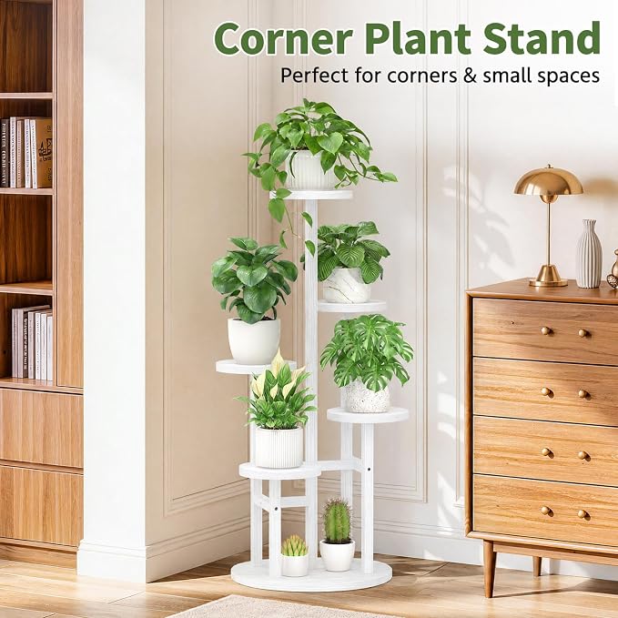 LASZOLA 5 Tiered Wood Plant Stand Indoor Corner, Flower Holder Rack Tall for Multiple Plants, Rustic Planter Shelf Display for Patio Garden Balcony Living Room， White