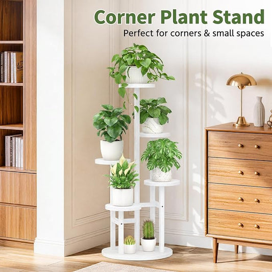 LASZOLA 5 Tiered Wood Plant Stand Indoor Corner, Flower Holder Rack Tall for Multiple Plants, Rustic Planter Shelf Display for Patio Garden Balcony Living Room， White