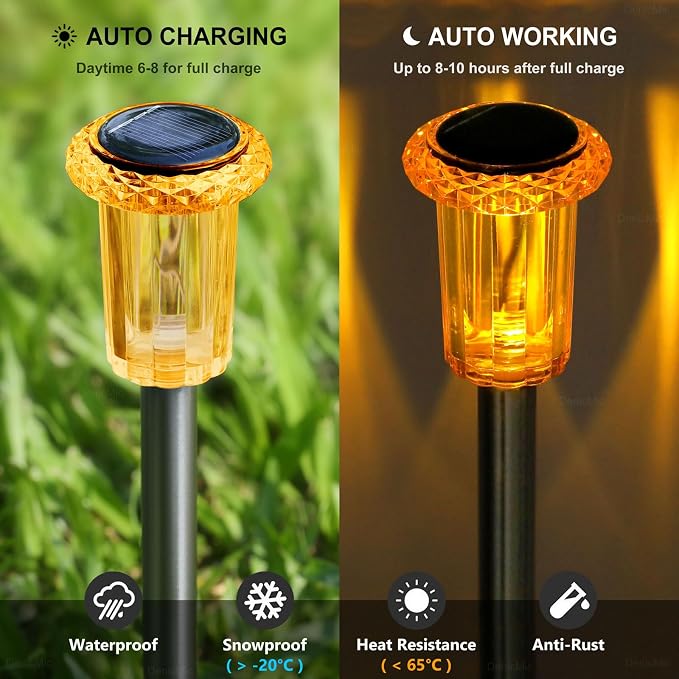 DenicMic Solar Halloween Lights Outdoor Fall Decorations Orange LED 10 Pack | Yard Garden Pathway Walkway Patio Diamond-like Style Starburst Light Pattern, Acrylic/Stainless Steel, Autumn/Halloween Decor