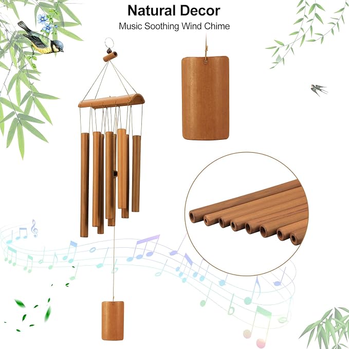 VIREKM Bamboo Wind Chimes, Memorial Sympathy Wood Wind Chimes Wooden Windchimes for Outdoors with Natural Sounds, Indoor Decorations for Patio Porch Garden Decor and Backyard