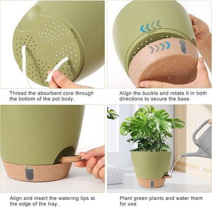 Self Watering Pots for Indoor Plants, 3 Pack 12/10/8 Inch, Large Planter with Water Reservoir, Modern Decorative Flower Pots for Home & OfficeGreen