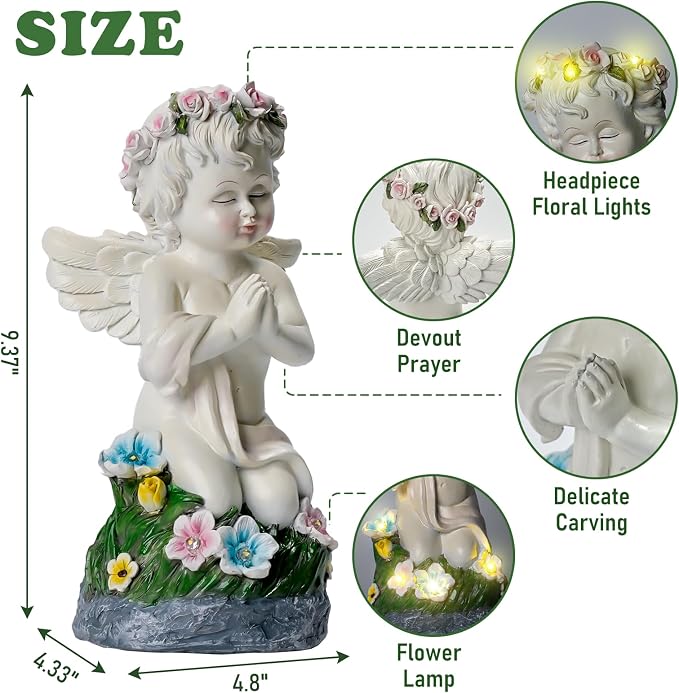 Solar Powered Angel Statue for Garden, Outdoor Spiritual Decorations for Patio Lawn Cemetery, Illuminated Seraphim Figurine with Warm Light, Gift for Women Religious Faith Ornament, Rustproof Resin