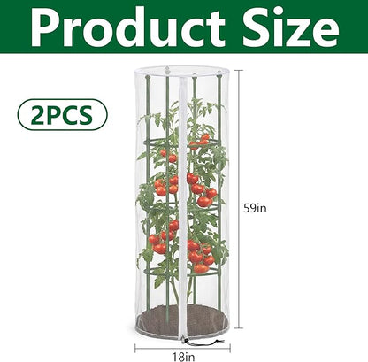 2 Pcs Garden Bird Netting Cover for Round Tomato Cage, 59" x 18" Tomato Trellis Insect Barrier Protection Mesh, Plant Cage Garden Net Cover with Zipper for Vertical Climbing Plants Vegetables Fruits
