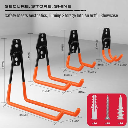 15-Piece Garage Wall Hooks with 3 Extension Straps, Orange Heavy Duty Tool Storage Rack for Ladder, Bike, Shovel, Garden Tools, Metal Wall Mount Organizer Set