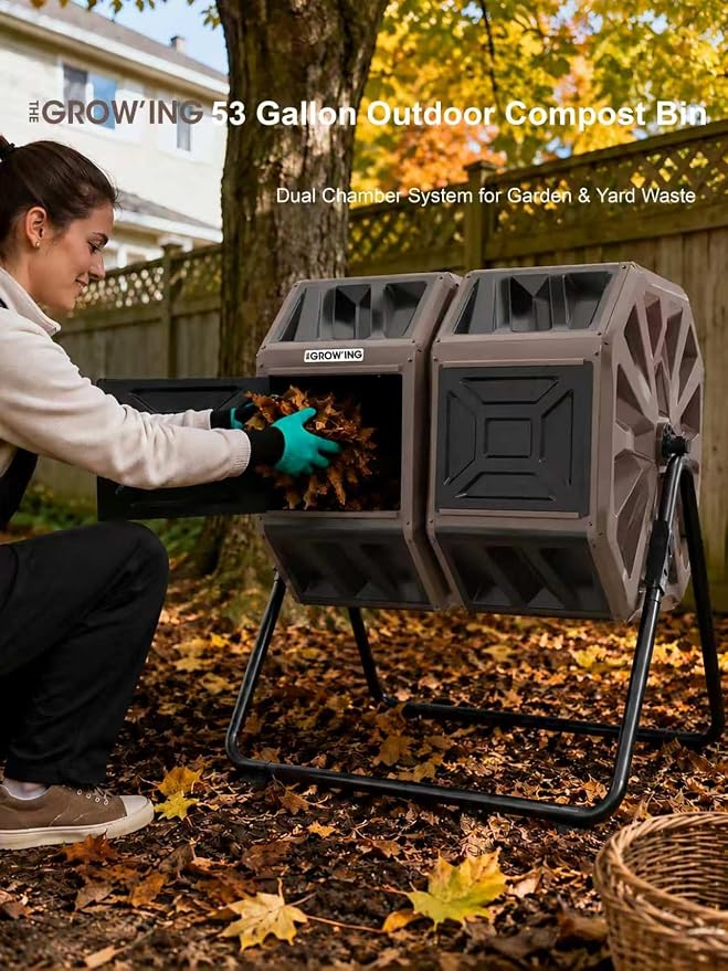 THE Growing 53 Gallon Large Outdoor Compost Bin Tumbler Barrel, Brown | Dual 26.5gal landscape-blending chambers for bulk waste. Reinforced frame adds stability. Easy bolt outdoor yard assembly.