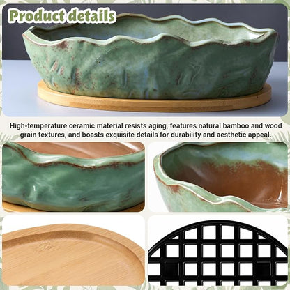 Succulent Pot 11 Inch Large Succulent Planters with Drainage Ceramic Bonsai Pot with Bamboo Tray Round Shallow Planter for Indoor Cactus Flower Planter Window Box for Home Garden Decor (Green)