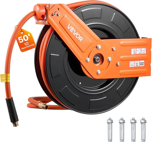 VEVOR Retractable Air Hose Reel, 1/2 Inch x 50 FT Rubber Air Hose Max 300PSI, Auto Rewind Air-Compressor Hoses Reel with 5 ft Lead in, Ceiling/Wall Mount for Garage Workshops