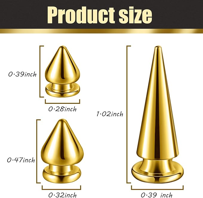 170 Pieces Multiple Sizes Cone Spikes Screwback Studs Rivets Large Medium Small Metal Tree Spikes Studs for Punk Style Clothing Accessories DIY Craft Decoration (Golden)