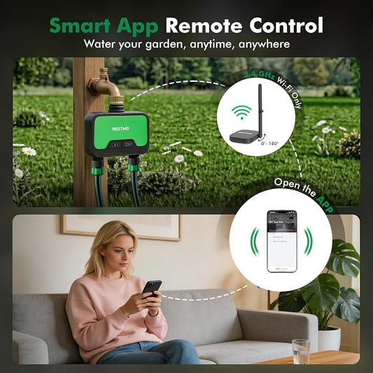 RESTMO Smart WiFi Water Timer for Garden Hose, 2 Zone Sprinkler Timer with APP Control & Brass Inlet, Rain Delay/Manual/Automatic Watering System, Quantity or Timed Irrigation Modes for Misting, Lawn