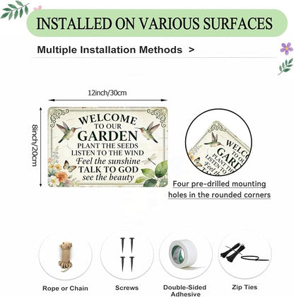 Funny Garden Metal Signs, Vintage Outdoor Wall Decor 8x12 Inch | Welcome To Our Garden Sign, Weatherproof Aluminum Sign for Patio Yard Greenhouse, Gift For Gardeners