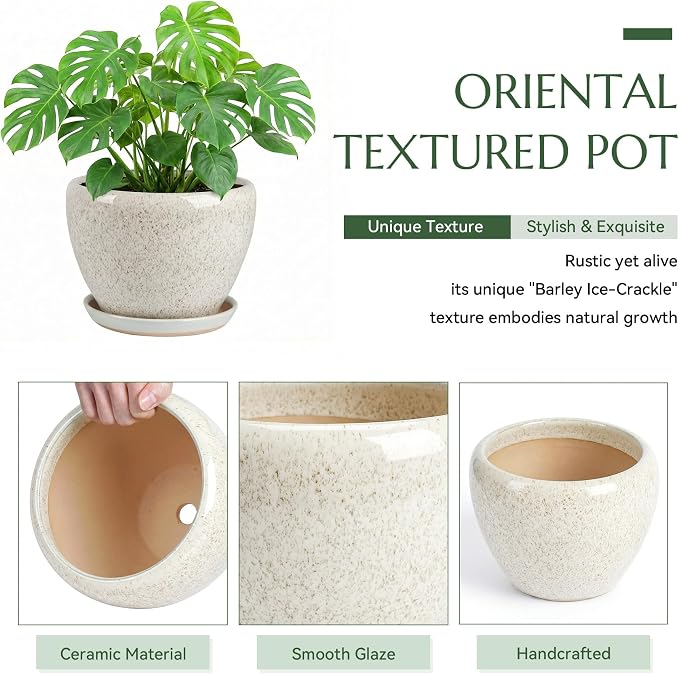 10.2 Inch Ceramic Planter with Saucer Leak-Proof Mesh &Drainage, Round Plant Pot with Gardening Gloves for Indoor Outdoor Plants