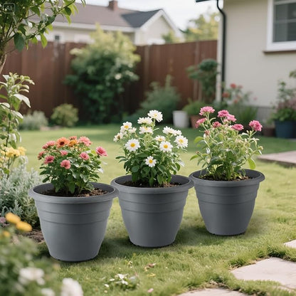RooTrimmer 12 Inch Plant Pots, Large Planters for Outdoor Plants, Plastic Flower Pots - Durable and Lightweight with Drainage Holes (3 Packs, Gray)