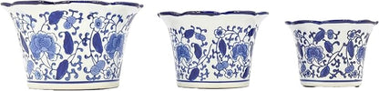 Galt International Blue & White Floral Porcelain Ceramic Decorative Flower Pot 8"/6"/4.5" Garden Pots Chinese Asian Design - Set of 3 Cylinder Fluted Edge