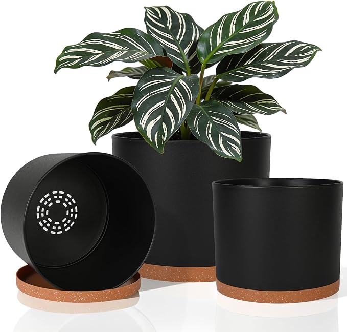 GARDIFE 10/9/8 Inch Modern Cylinder Planter, Plant Pots for Indoor Outdoor Plants, Flower Pots with Drainage Holes and Saucers for Garden Succulent Nursery House Plants (Black-Brown)