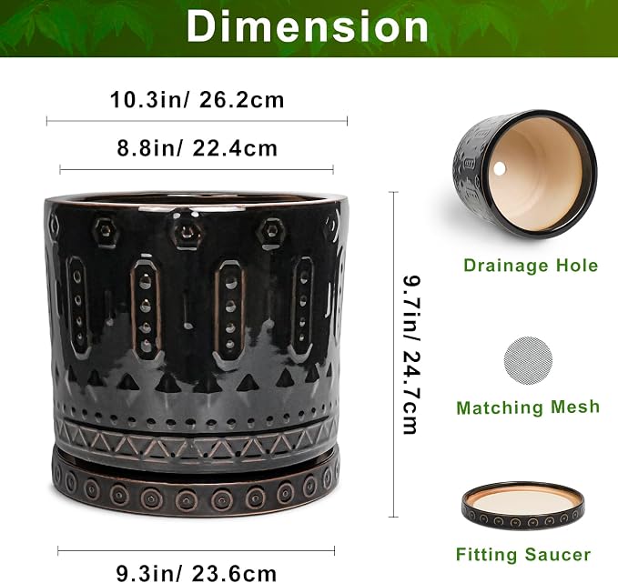 Eightpot Ceramic Planter for Indoor Plants - 10 Inch Plant Pots with Drainage Hole and Saucer, Round Decorative Flower Pots Outdoor, Boho Large Planter, Room Decor, House Warming Gifts, Black