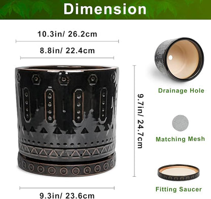 Eightpot Ceramic Planter for Indoor Plants - 10 Inch Plant Pots with Drainage Hole and Saucer, Round Decorative Flower Pots Outdoor, Boho Large Planter, Room Decor, House Warming Gifts, Black