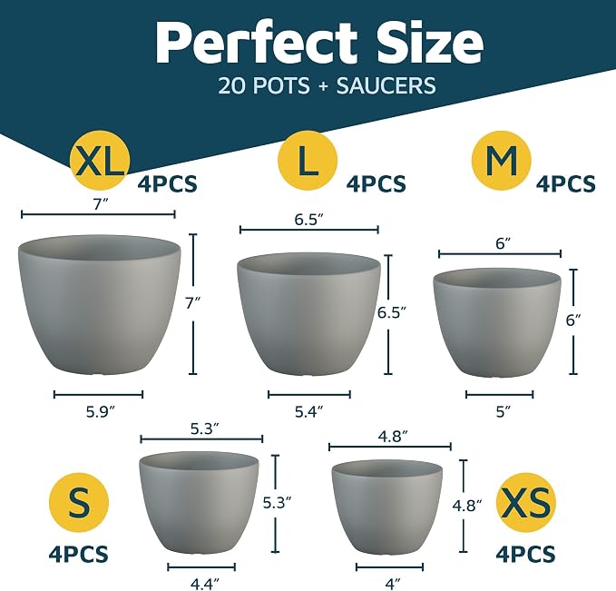 Planter Pots with Drainage Holes - Lightweight, Durable & Space-Saving Pots for Indoor and Outdoor - Versatile Functionality, Simple Modern Design, Set of 20 Plastic Planter Pots - Gray