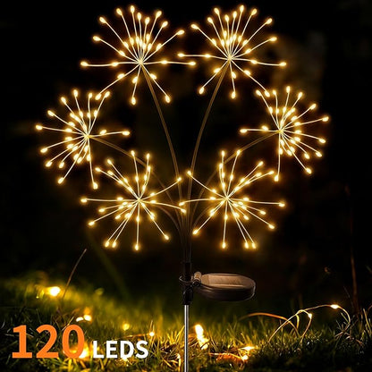 JJGoo 2 Pack Solar Garden Lights Outdoor Waterproof, New Upgraded 6 Branches Firework Starburst Lights with 2 Modes, Solar Fairy Lights for Yard Garden Patio Pathway Party Decor - Warm White