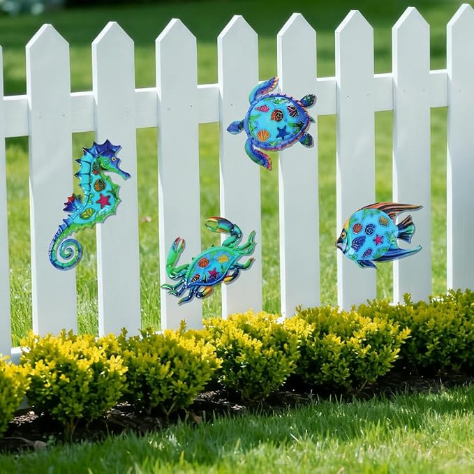 VEWOSTAR Metal Ocean Wall Art Decor Outdoor - Themed Metal Wall Sculpture Set of 4, Beach House Decor for Bathroom, Coastal Patio, Garden Fence, Pool Wall Art, Nautical Outdoor Decor Gift