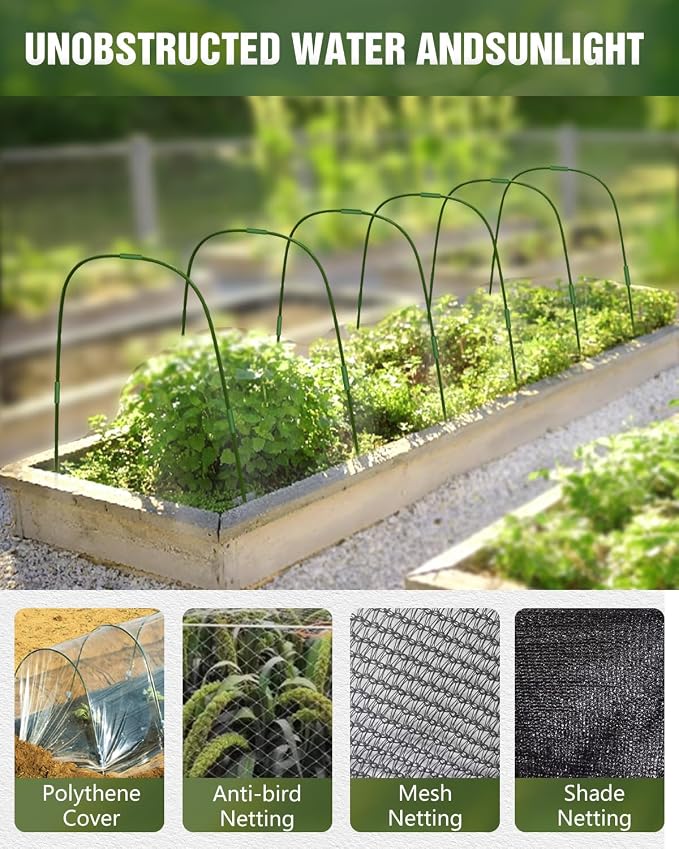 6 Sets Garden Hoops with 10x30 Ft Netting for Raised Beds, 18 Clips | 10x30 Ft Garden Net, Bird & Cicada Net for greenhouse, Vegetables, Trees, Garden crops, Plant cover, Frost guard, Shade cloth