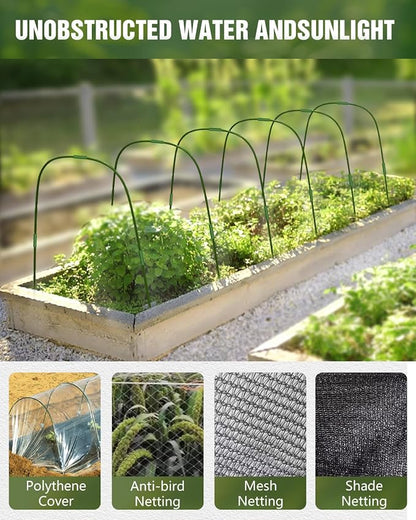 6 Sets Garden Hoops with 10x30 Ft Netting for Raised Beds, 18 Clips | 10x30 Ft Garden Net, Bird & Cicada Net for greenhouse, Vegetables, Trees, Garden crops, Plant cover, Frost guard, Shade cloth