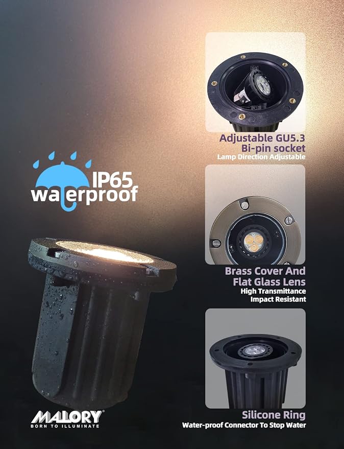 MALORY Low Voltage Landscape Lights, (φ126 mm) Brass Top Cover 12V Outdoor In Ground Lights, LED Well Lighting for Pathway, Driveway, Deck Step and Garden 1 Pack with MR16 Bulb (Flat Top)
