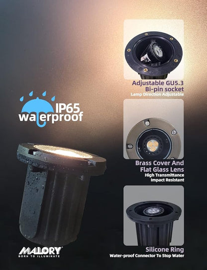MALORY Low Voltage Landscape Lights, (φ126 mm) Brass Top Cover 12V Outdoor In Ground Lights, LED Well Lighting for Pathway, Driveway, Deck Step and Garden 1 Pack with MR16 Bulb (Flat Top)