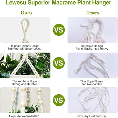 LEWESU Macrame Plant Hanger Indoor Set of 2 with 4 Hooks, Indoor Outdoor Hanging Planter for Plants Holder with Decorative Wood Beads & No Tassels, Boho Home Decor, 35 Inch Ivory (Pots Not Included)