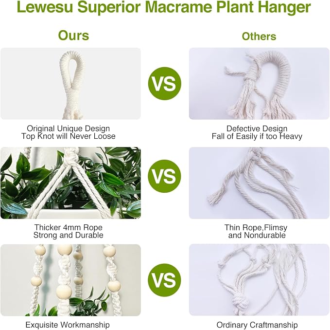 LEWESU Macrame Plant Hanger Indoor Set of 4 with 8 Hooks, Indoor Outdoor Hanging Planter for Plants Holder with Decorative Wood Beads & No Tassels, Boho Home Decor, 35 Inch Ivory (Pots Not Included)