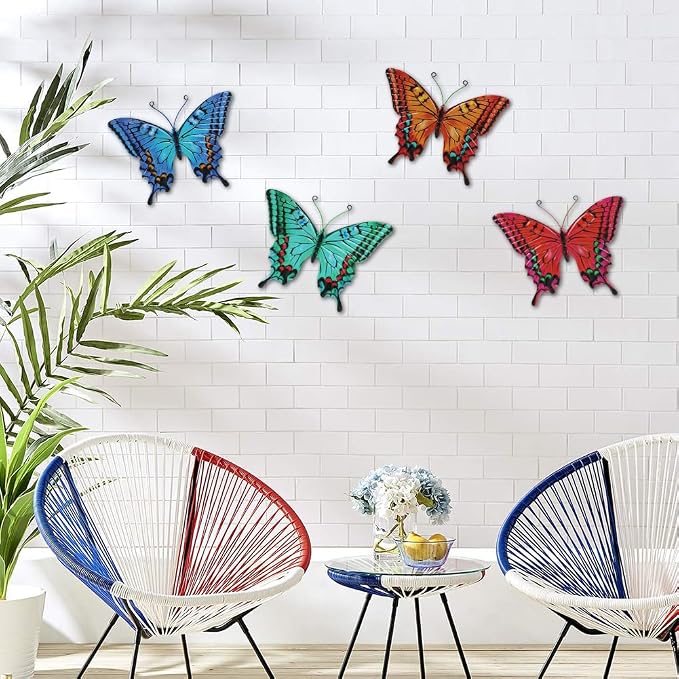 dreamskip 4 Pack Butterfly Wall Decor Art, Vivid Butterflies Outdoor Metal Wall Art with Colorful Pattern, Outdoor Garden Yard Fence Patio Decor Gift for Women Mom