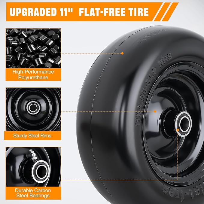 Yesker 11x4.00-5 Flat Free Lawn Mower Tire and Wheel Assembly with 3/4" Bearing Bore, 11x4-5nhs Solid Riding Lawnmower Tires with 3.4" Center Hub, 2 Pack